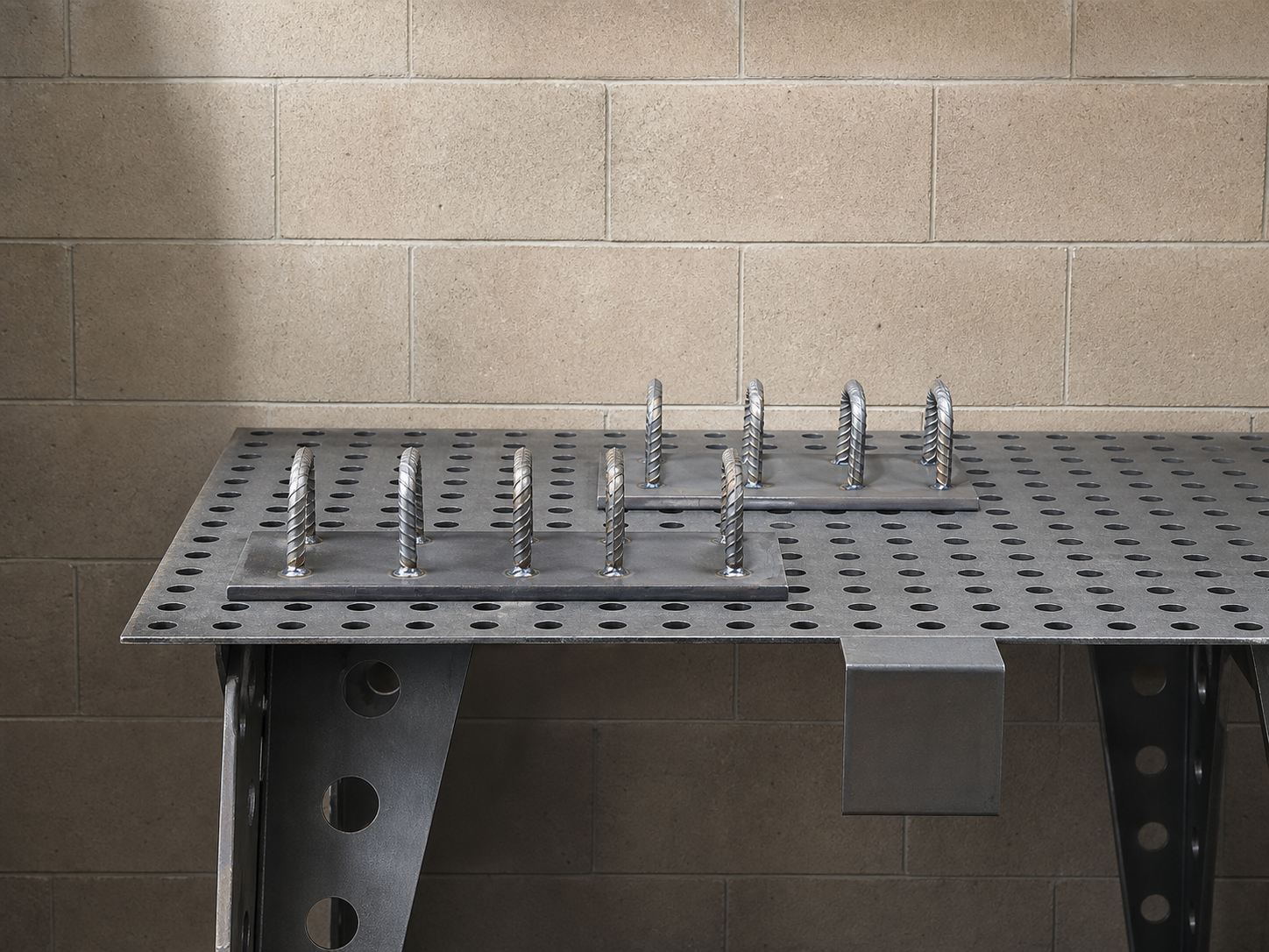 Multiple perforated steel plate configurations on a clean work surface